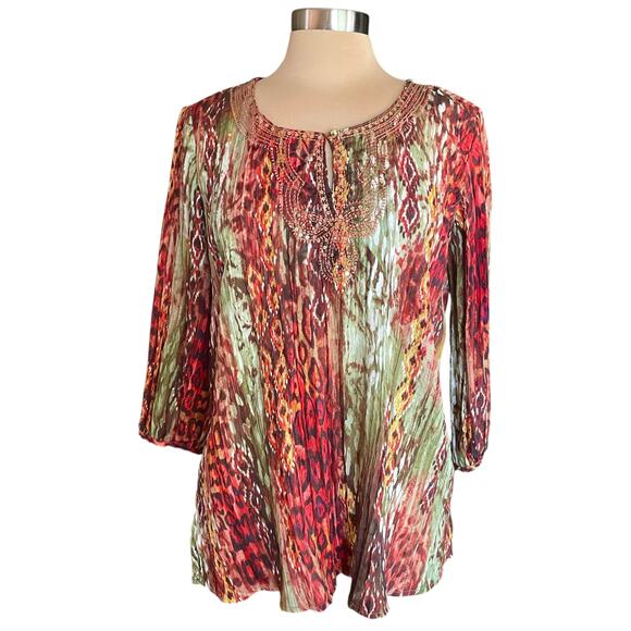 Rebecca Malone Multiprint Snake Tie Dye Crinkle Sequin Top MED Forest Fairy Boho - Picture 1 of 9